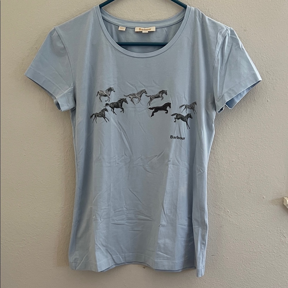 Barbour Light Blue Horse Print Short Sleeve Tee is size 6/small